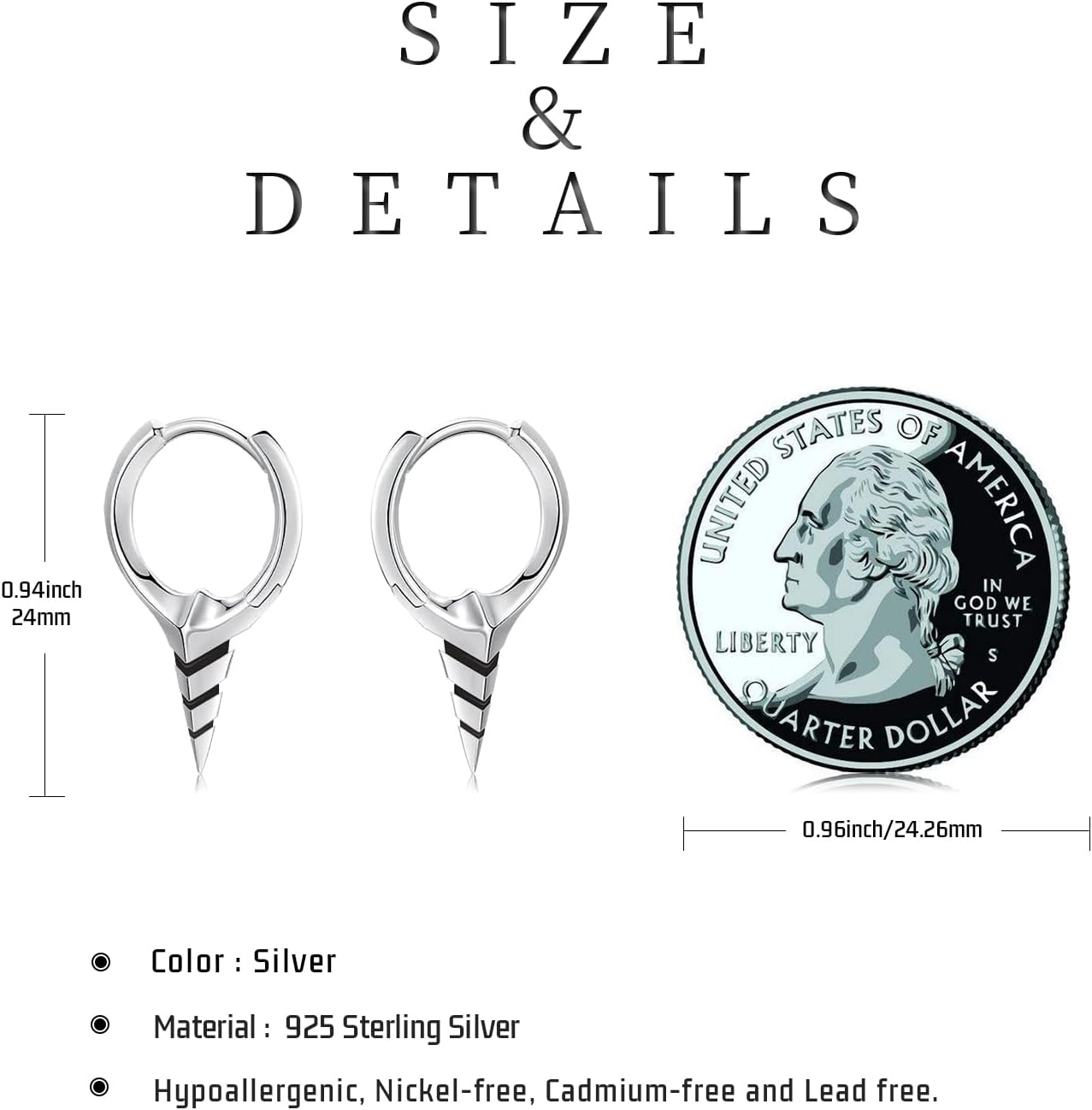 925 Sterling Silver Spiked Sword Cross Huggie Hoop Earrings Punk Style Jewellery