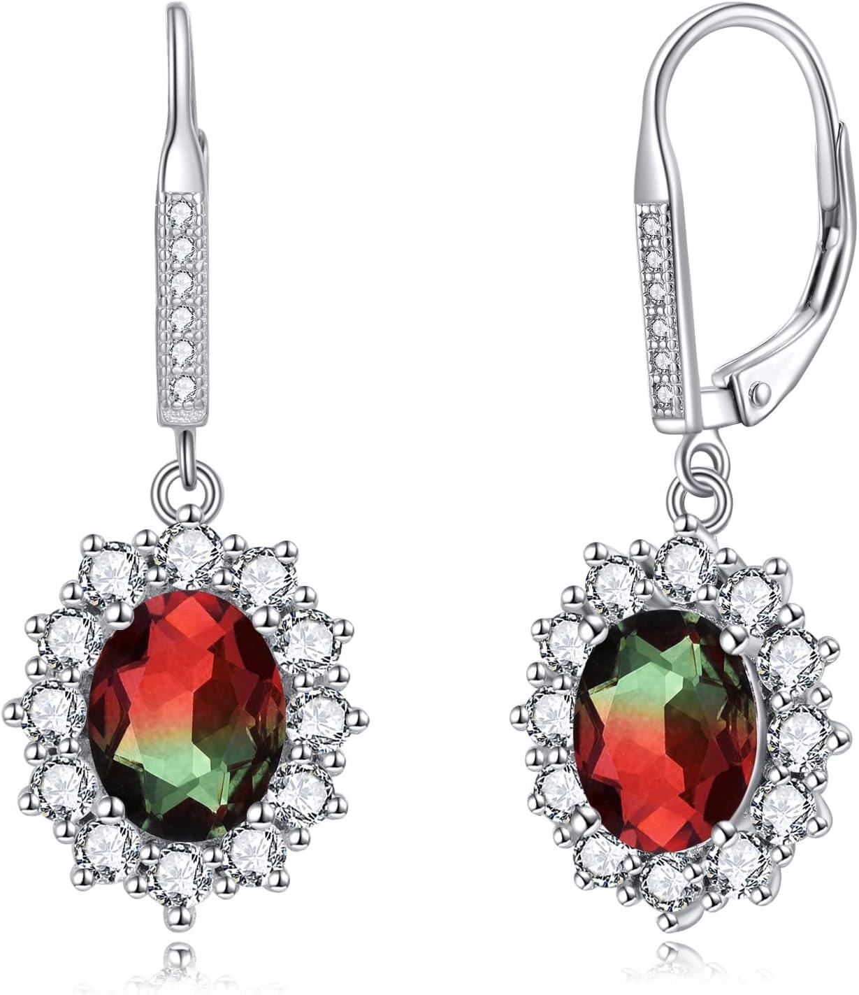 925 Sterling Silver Oval Cut Birthstone Dangle Leverback Earrings for Women Mom