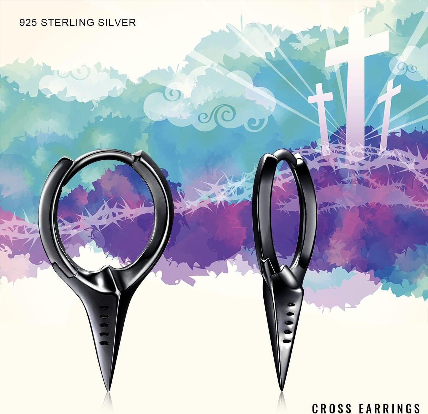 925 Sterling Silver Spiked Sword Cross Huggie Hoop Earrings Punk Style Jewellery