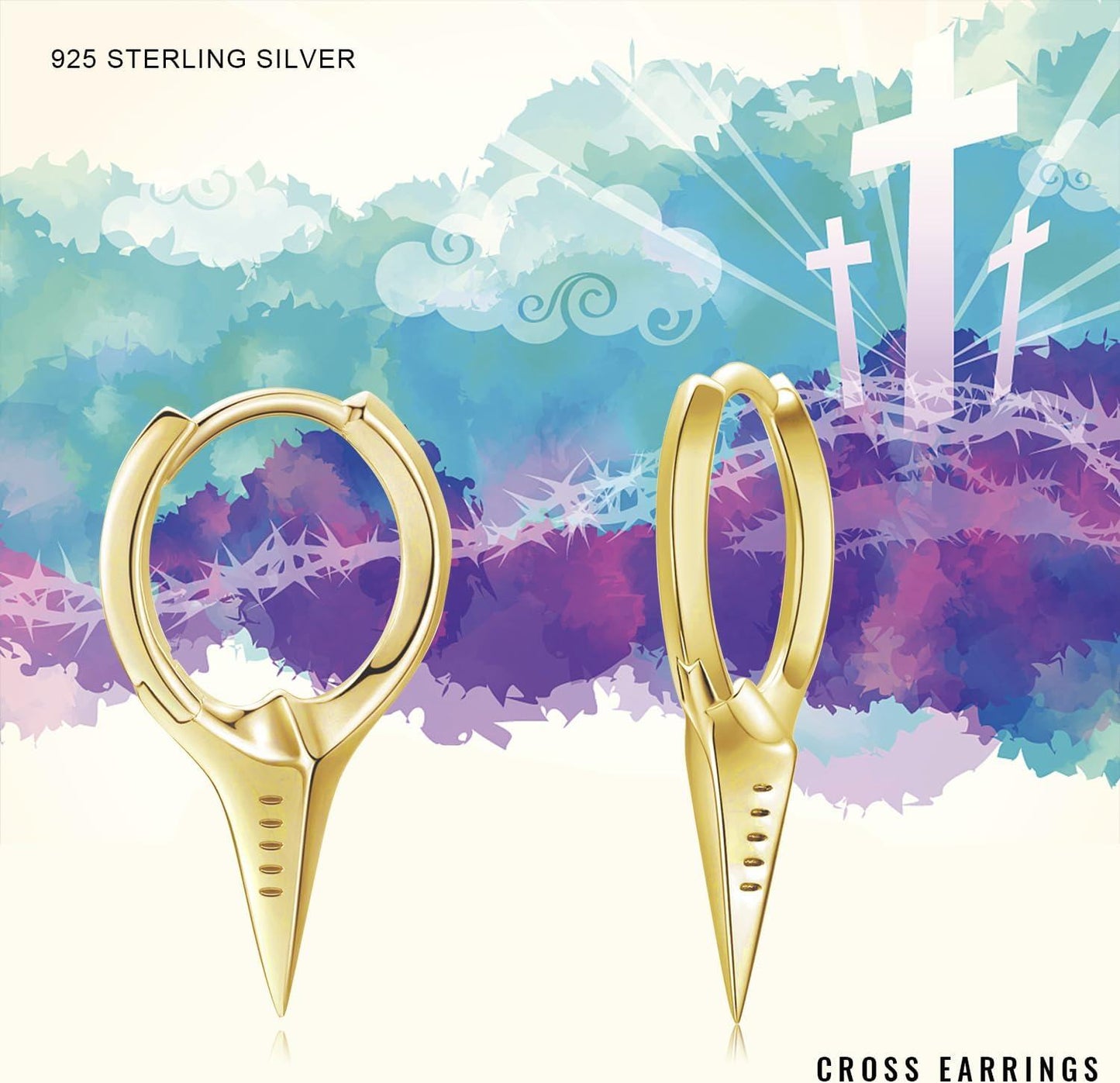 925 Sterling Silver Spiked Sword Cross Huggie Hoop Earrings Punk Style Jewellery