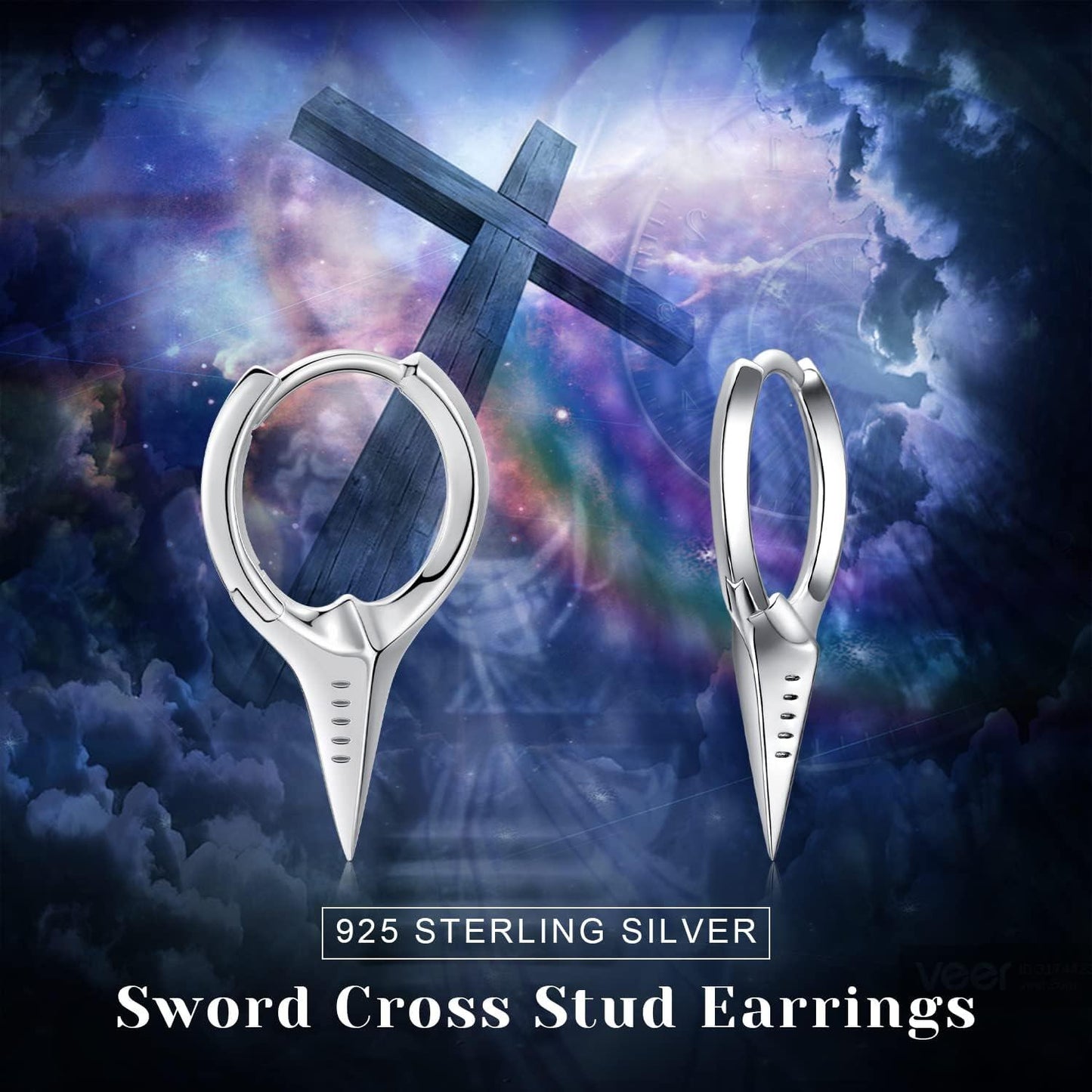 925 Sterling Silver Spiked Sword Cross Huggie Hoop Earrings Punk Style Jewellery