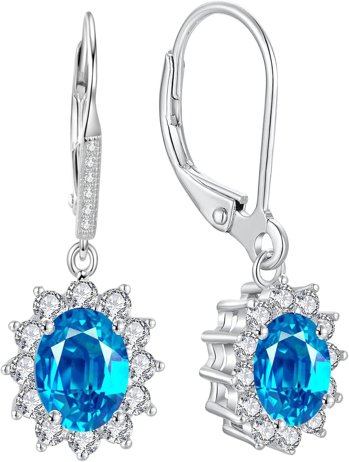 925 Sterling Silver Oval Cut Birthstone Dangle Leverback Earrings for Women Mom